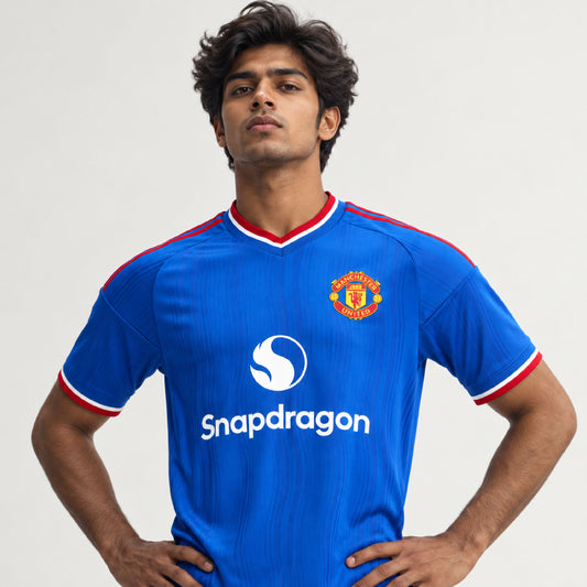 A man modeling a blue Manchester United soccer jersey with red and white trim, featuring the Snapdragon sponsor logo on the front, set against a plain light gray background.