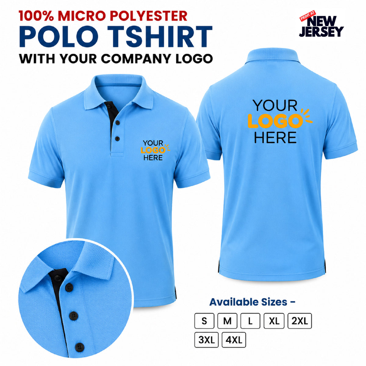 Custom light blue polo t-shirt mockup showing front and back views with placeholder logo text, a close-up collar detail, available sizes, and a 'New Jersey' badge on a white background.