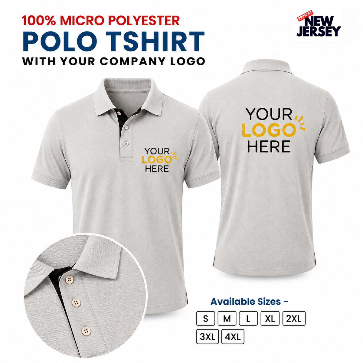 Custom micro polyester polo shirt shown from the front and back on a white background, with placeholder logo text, a close-up of the collar and buttons, and available sizes listed at the bottom.