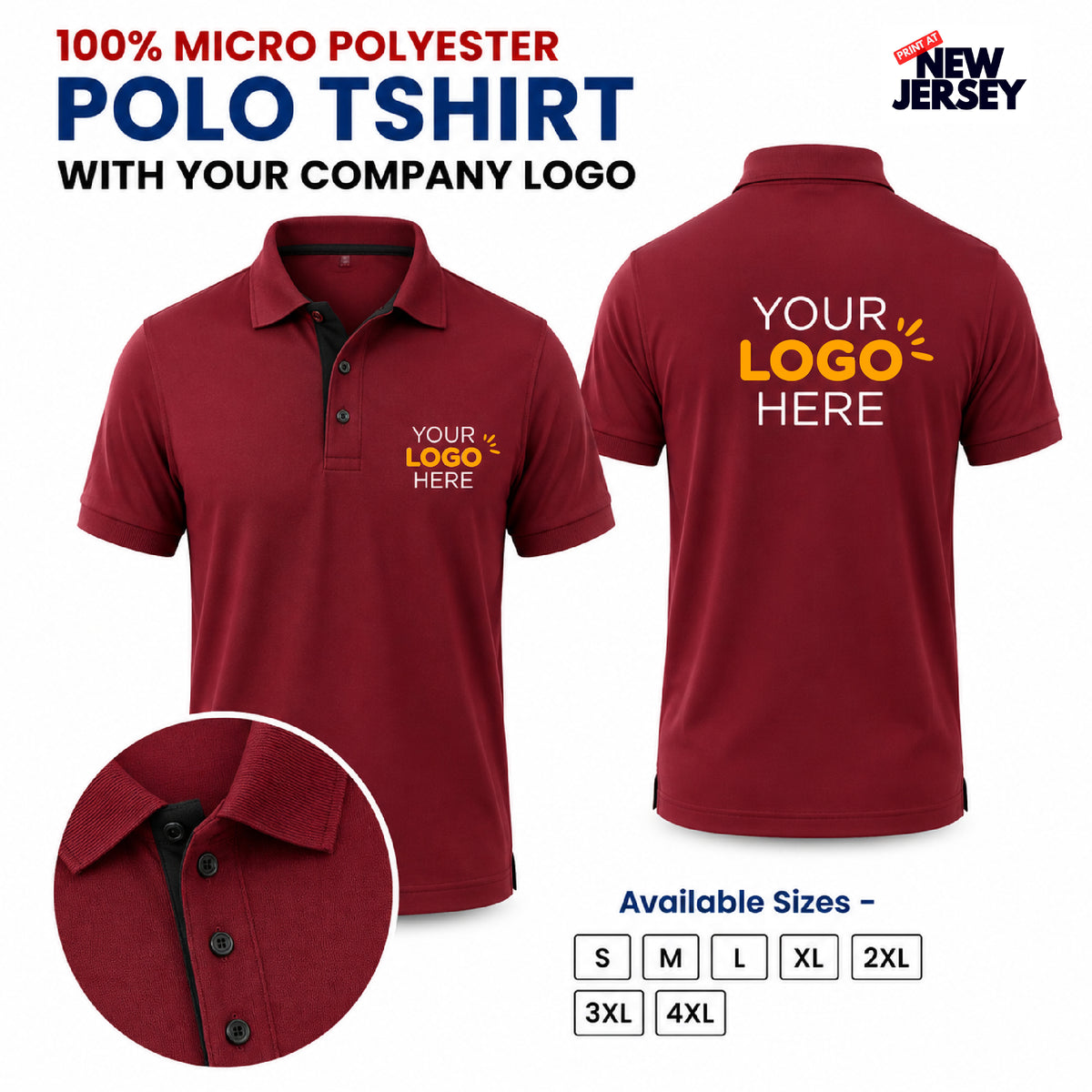 Custom micro polyester polo t-shirt shown in front and back views on a white background, with a close-up collar detail. The shirt is maroon with black buttons and features customizable 'YOUR LOGO HERE' text on the chest and back.