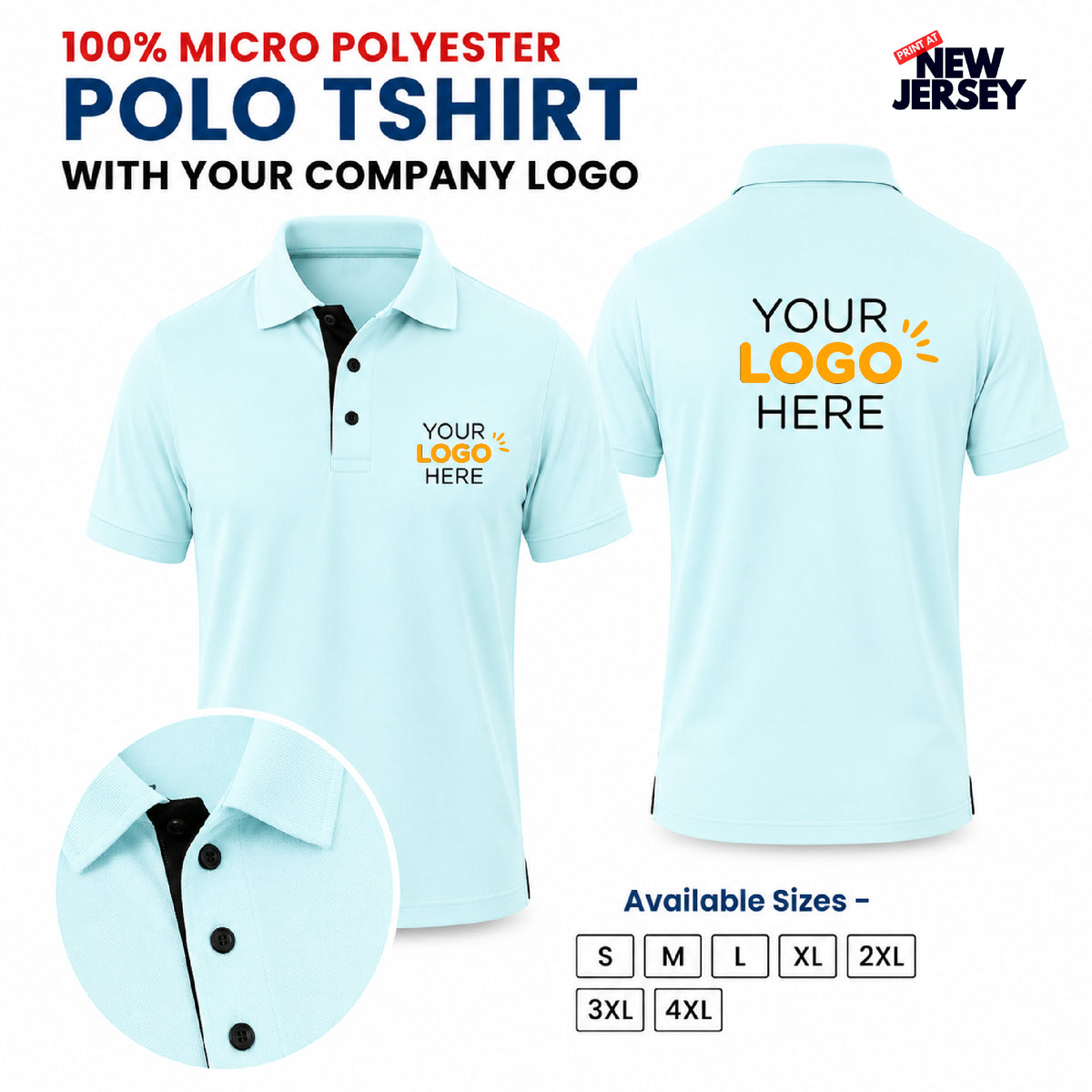 Custom light blue polo shirt mockup showing front and back views with placeholder logo text, a close-up collar detail, available sizes, and a 'New Jersey' badge on a white background.