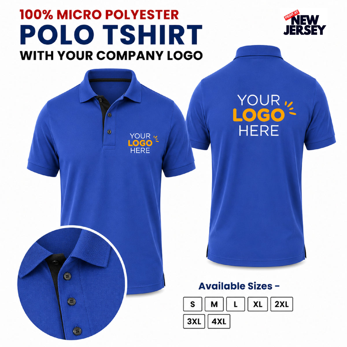 Blue custom polo shirt mockup showing front and back views with placeholder logo text, a close-up collar detail, available sizes, and a New Jersey branding badge on a white background.