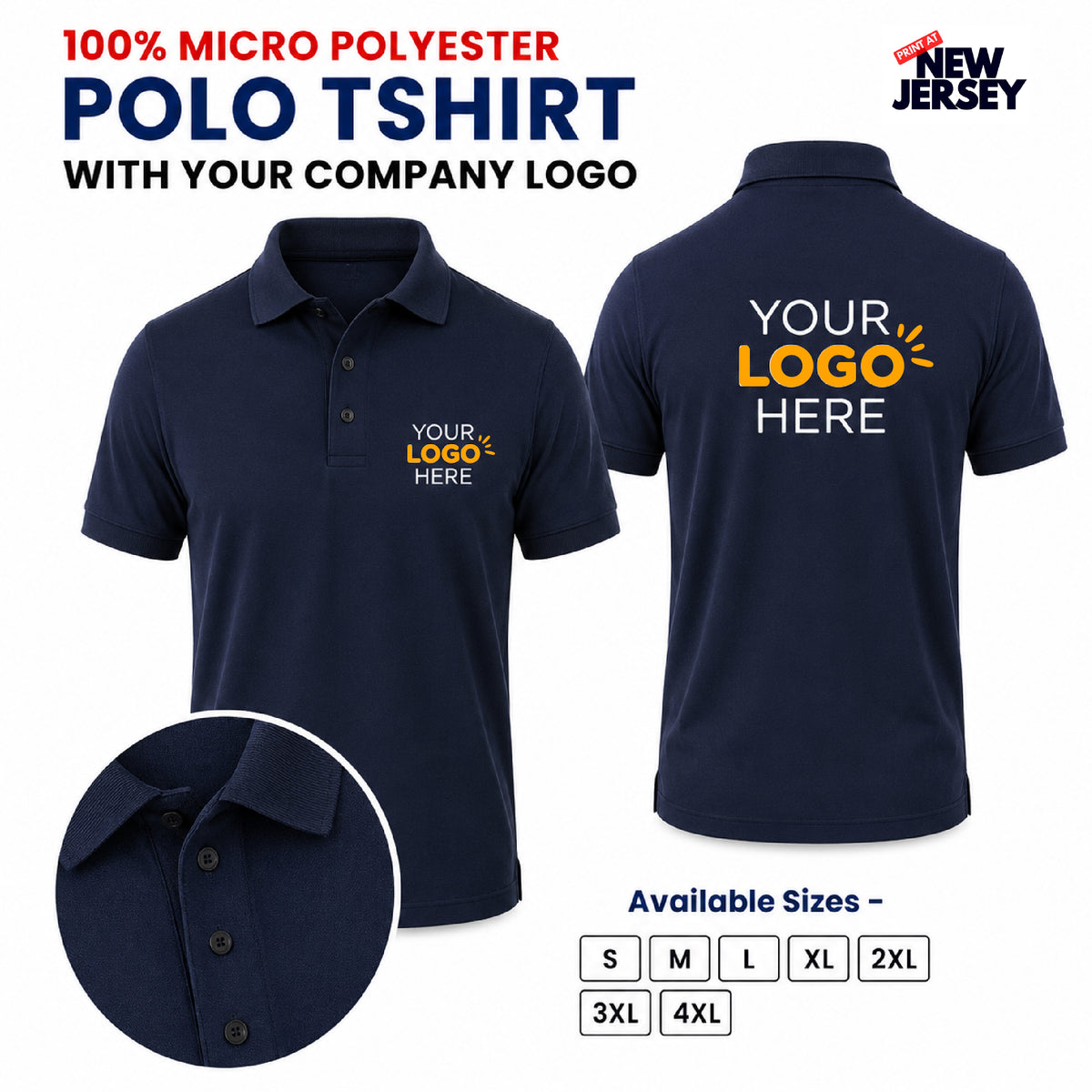 Custom navy blue polo t-shirt mockup showing front and back views with placeholder logo text, a close-up collar detail, available sizes, and a New Jersey branding badge on a white background.