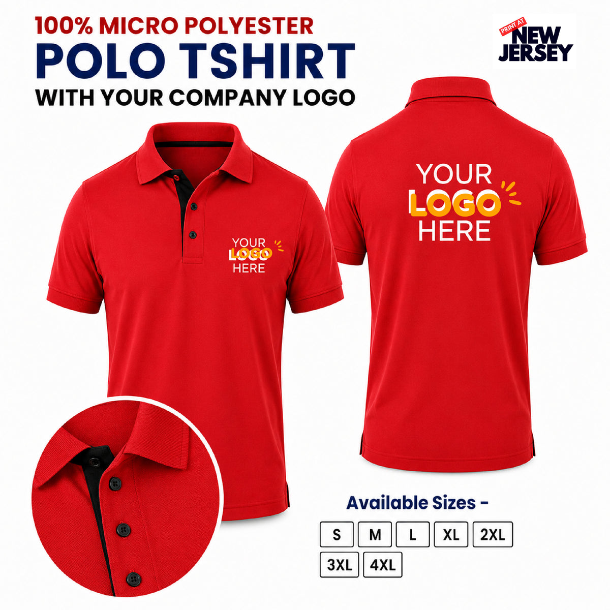 Red custom polo t-shirt shown from the front and back on a white background, with text indicating it is made of 100% micro polyester, customizable with a company logo, and available sizes S through 4XL. A circular inset shows a close-up of the collar.