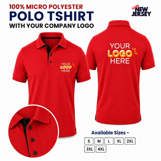 Red custom polo t-shirt shown from the front and back on a white background, with text indicating it is made of 100% micro polyester, customizable with a company logo, and available sizes S through 4XL. A circular inset shows a close-up of the collar.