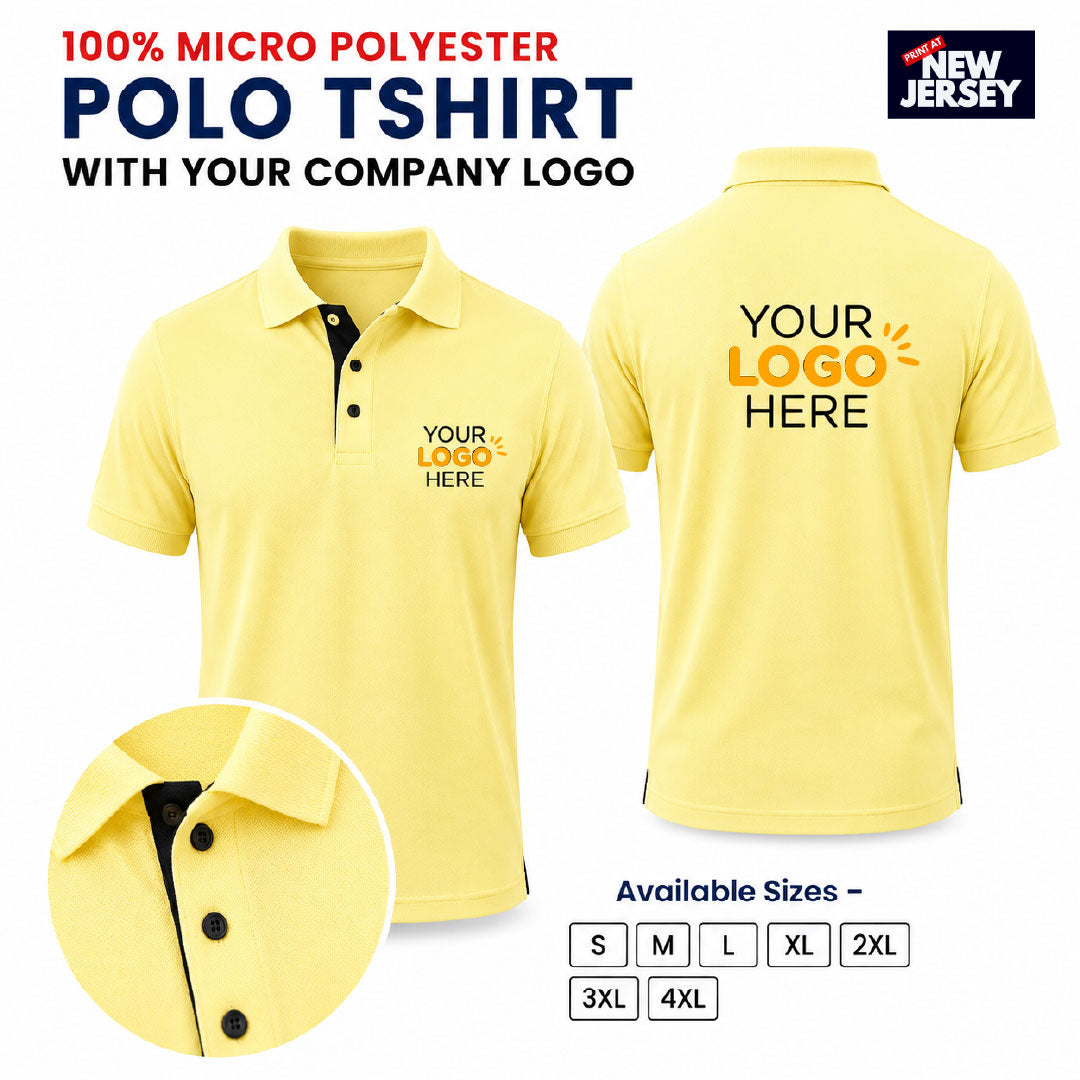 Yellow micro polyester polo t-shirt shown from the front and back, with customizable logo placeholders, a close-up of the collar and buttons, available sizes, and a 'New Jersey' badge on a white background.