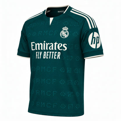 A dark teal Real Madrid home soccer jersey with white accents, featuring the Emirates Fly Better sponsor logo, the club crest, and HP branding on the sleeve.